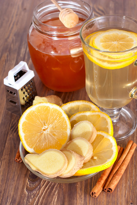 Hot ginger lemon tea, honey and cinnamon
